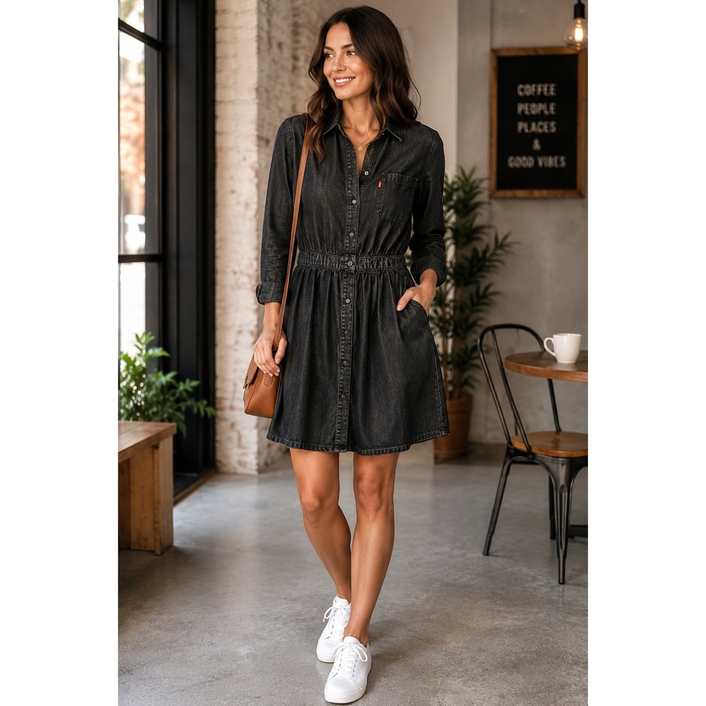 Levis Shirt Dress Womens Small Black Denim Elastic Waist Button Front 66795-0004